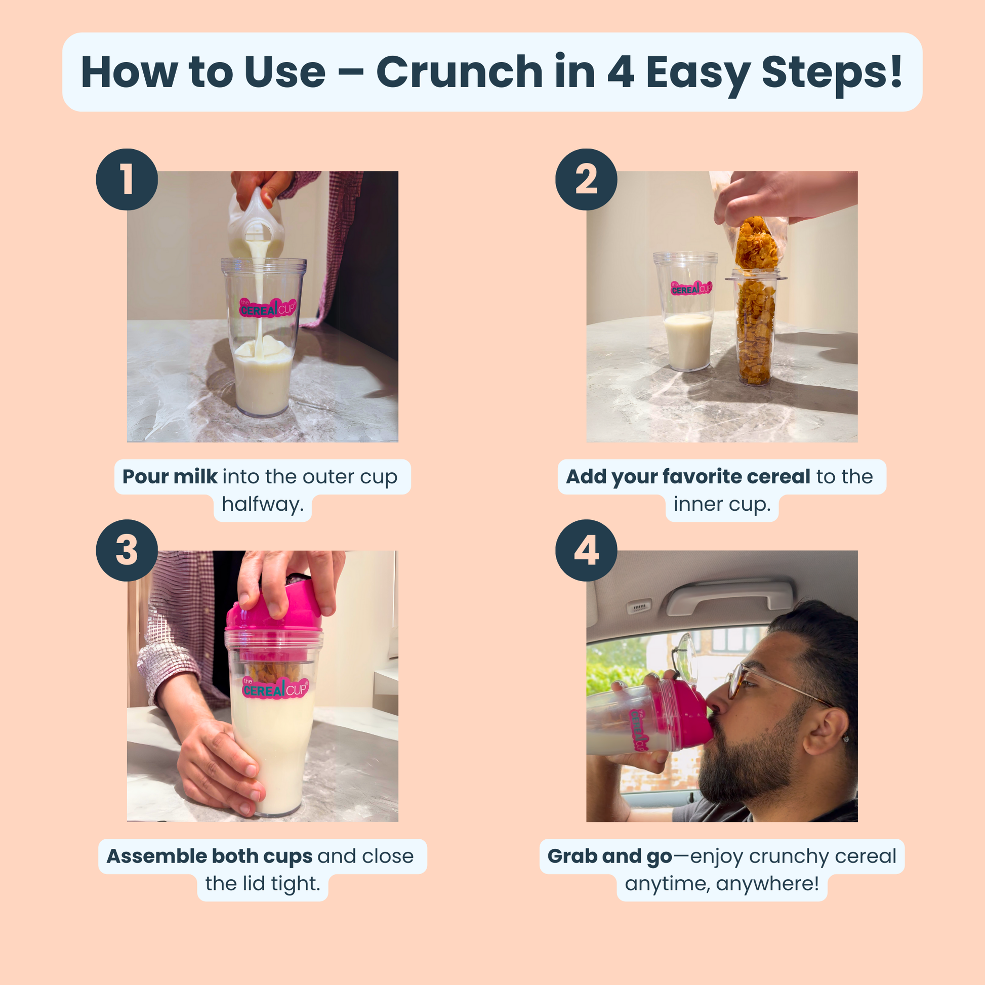 The Cereal Cup CerealCup Portable cereal cup to go cereal cup Crunch Cup Crunchcup how to use